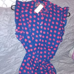 Navy with red polka-dot button down blouse
